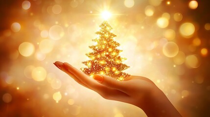 A Christmas tree is bedecked in twinkling lights, its silhouette emerging from a soft, bokeh-filled background. The festive display creates a warm and inviting atmosphere