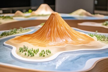 Interactive science exhibit featuring a terracotta volcano model surrounded by flowing rivers and small plants in a childrens learning environment