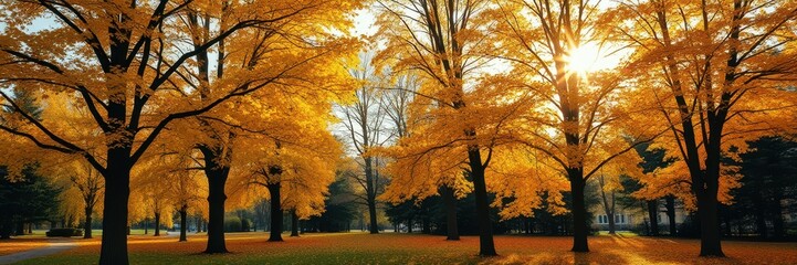 Autumn afternoon in a park with golden trees and warm sunlight illuminating the landscape
