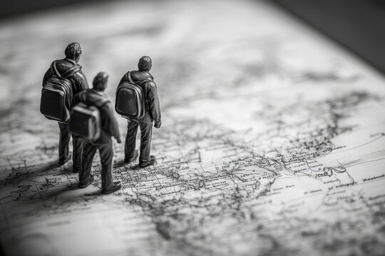 Miniature travelers exploring a detailed map in black and white with a focus on adventure and discovery
