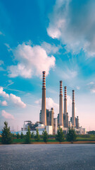 Obraz premium A modern power plant with multiple chimneys and industrial buildings, surrounded by greenery and roads, under a sky.