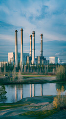 Obraz premium A modern power plant with multiple chimneys and industrial buildings, surrounded by greenery and roads, under a sky.