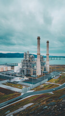 Obraz premium A modern power plant with multiple chimneys and industrial buildings, surrounded by greenery and roads, under a sky.