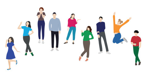 Young cheerful young people posing, faceless illustration, flat style, isolate on white
