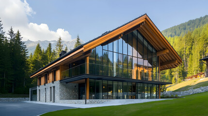Obraz premium Luxury Glass Alpine Chalet with Forest Views, Contemporary Cortina Mountain Estate with Stone Base