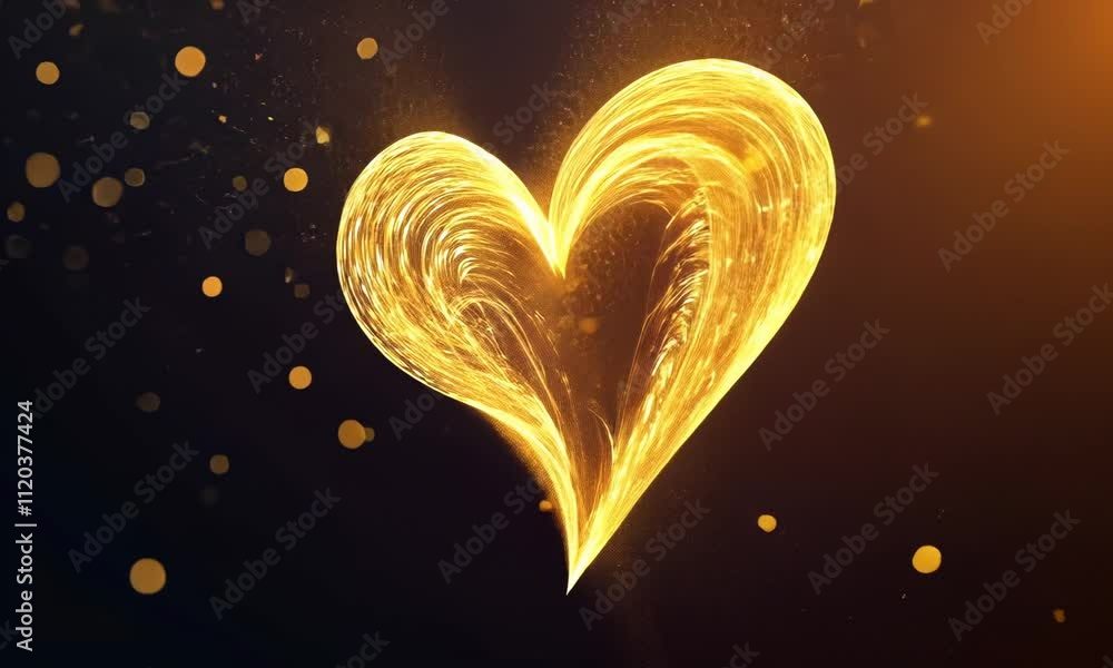Poster golden heart formation with sparkling particles in abstract motion
