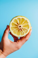 Juicy Lemon in a person Hand, Set Against a Crisp Blue Canvas