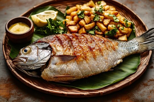 Delicious whole fried tambaqui fish served on a straw plate with banana leaf and lemon, a traditional dish from the Amazon region of Brazil