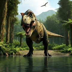 Fototapeta premium A Tyrannosaurus rex towering over a tranquil river surrounded by prehistoric wilderness