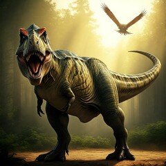 Fototapeta premium A Tyrannosaurus rex basks in sunlight, showcasing its ferocious power and primal majesty