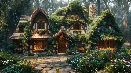 Fototapeta premium A charming cottage nestled in a lush garden. AI.