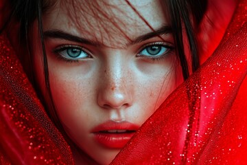A close-up portrait capturing intense emotion with vibrant red tones and striking features.