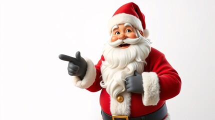Smiling Santa Claus pointing at empty Blank advertising banner background with copy space. Wearing white gloves and , against a blurred background 