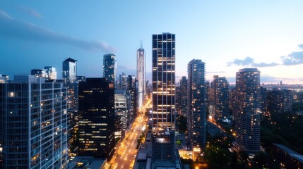 Naklejka premium A city skyline at dusk, showcasing modern architecture and lights.