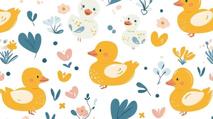 Adorable seamless baby pattern filled with joy, peace, and love. This creative texture featuring charming ducks is perfect for adding a touch of whimsy to fabrics, wrapping paper, textiles
