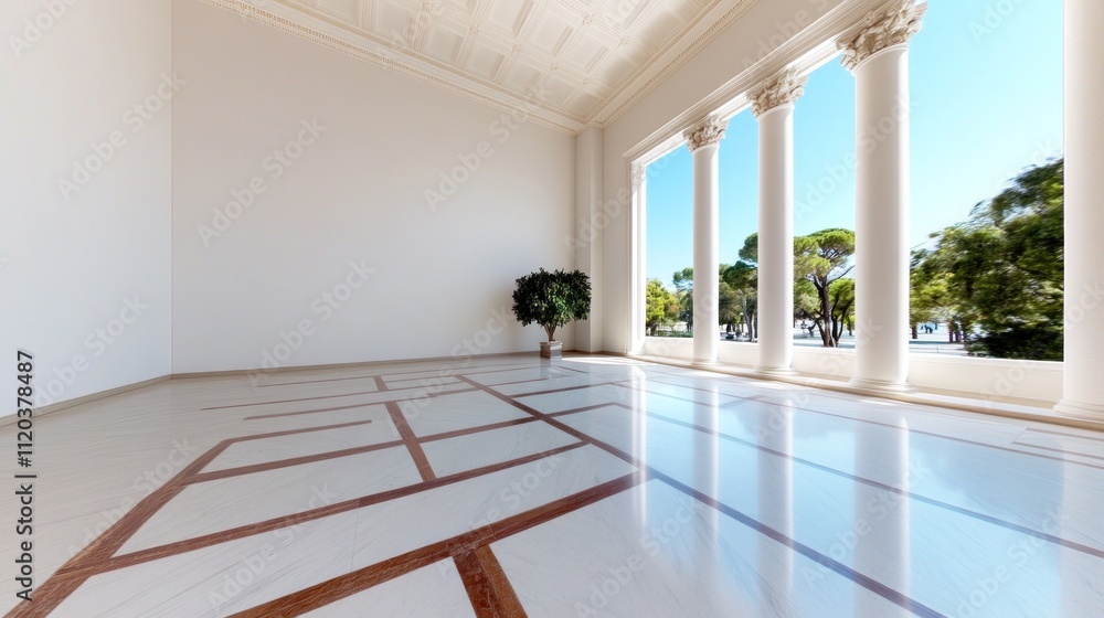 Poster spacious interior with columns and a view of greenery outside.