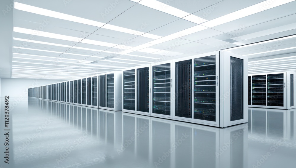 Poster modern data center with rows of server racks in a bright, clean room.
