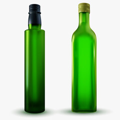 3d vector green glass bottle for oil or various liquid in realistic style. Set design elements isolated on white background.