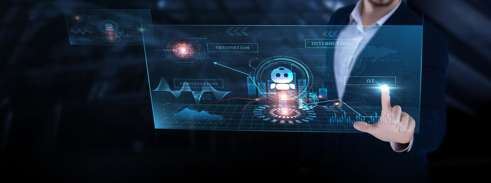 Chatbots: AI technology, conversational interfaces, natural language processing, user engagement, service efficiency. Businessman analyzing chatbots progress chart on digital interface.