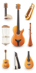 Naklejka premium Theme: Music, Musical Instruments, Icon Set, Shapes, Objects, on White Background, Abstract Image, Texture, Pattern Background, Wallpaper, Cover and Screen of Smartphone, PC, Laptop, 9:16 and 16:9 For