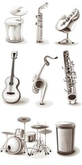Theme: Music, Musical Instruments, Icon Set, Shapes, Objects, on White Background, Abstract Image, Texture, Pattern Background, Wallpaper, Cover and Screen of Smartphone, PC, Laptop, 9:16 and 16:9 For