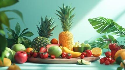 Fresh tropical fruits arrangement with vibrant greenery