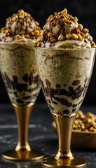 A luxurious ice cream glass filled with layers of pistachio, chocolate, and hazelnut ice cream. The glass is topped with crushed nuts, a drizzle of honey, and edible gold flakes. 