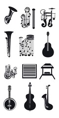 Theme: Music, Musical Instruments, Icon Set, Shapes, Objects, on White Background, Abstract Image, Texture, Pattern Background, Wallpaper, Cover and Screen of Smartphone, PC, Laptop, 9:16 and 16:9 For
