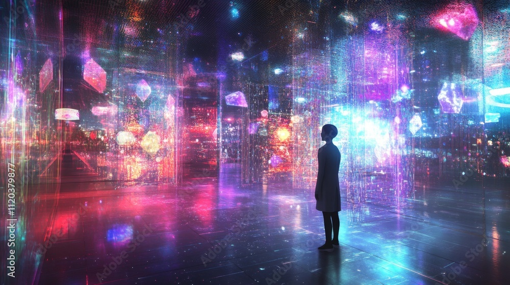 Poster exploring a futuristic digital landscape virtual space visual art immersive environment abstract per