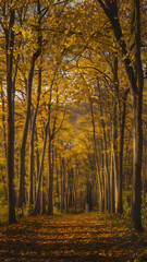Obraz premium A scenic view of a forest with autumn foliage, featuring tall trees with yellow leaves and a distant mountain under a clear sky.