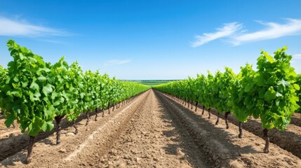 Obraz premium Lush vineyard rows under a clear blue sky.
