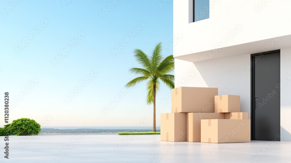 Poster boxes stacked near a modern building with a palm tree backdrop.