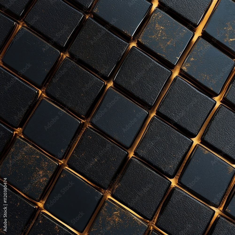 Poster Geometric grid design in gold over a dark matte black surface