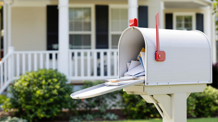 Residential mailbox with letters and flyers in front of a suburban house, showing mail delivery