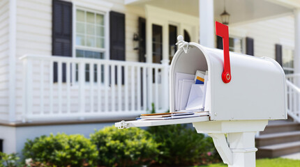 Suburban house with an open mailbox containing letters and flyers, illustrating mail service