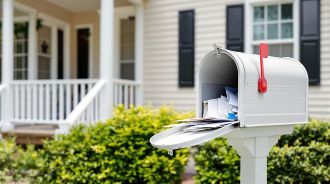 Open mailbox with letters and flyers in front of a house, illustrating suburban postal service
