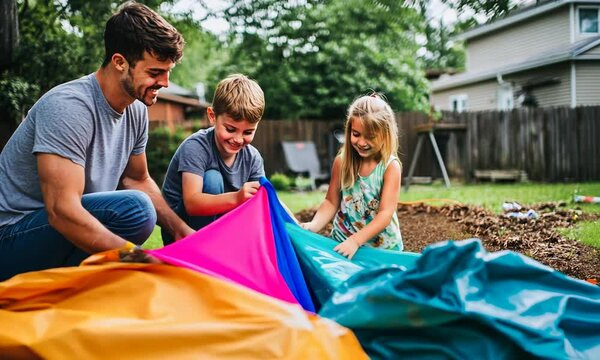 Family Fun in the Backyard with Colorful Tarps: Kids Engage in Outdoor Play and Creative Activities While Parents Supervise with Love and Joy