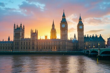 Naklejka premium Majestic sunset over the Houses of Parliament in London by the River Thames. Generative AI