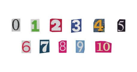 cut-out numbers set from magazines on a transparent background