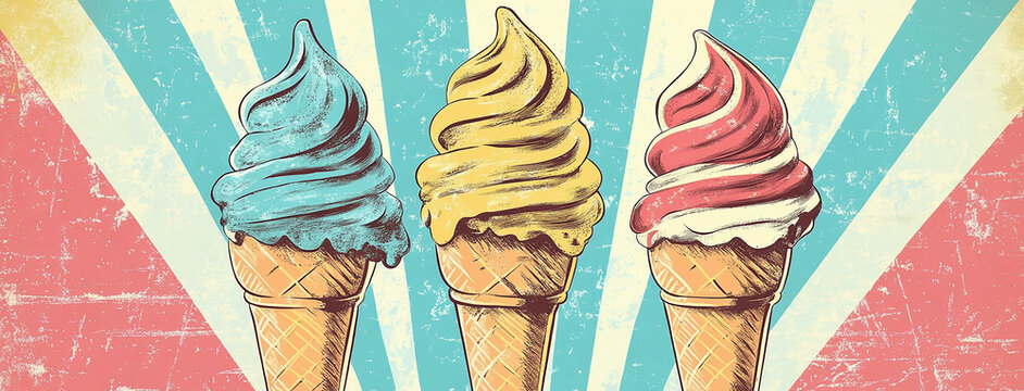 Wide panoramic Vintage style cover illustartion background with colorful flavoured ice cream cones in creamy background  
