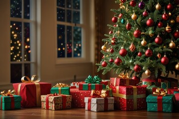 A beautifully decorated Christmas tree with presents underneath