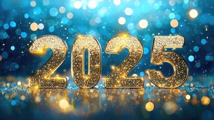 A celebratory New Year 2025 card with luxurious gold letters and glittering golden circles, set against a blue background with a bokeh effect, bringing festive cheer.