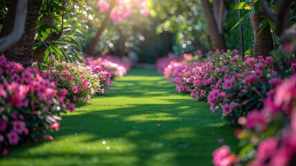 Sunlit garden path lined with vibrant pink flowers and lush green grass.