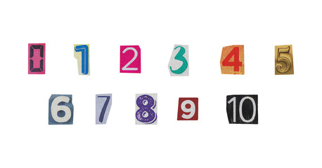cut-out numbers set from magazines on a transparent background