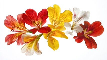 Naklejka premium A cluster of colorful flower petals, including red, yellow, and white, floating lightly on a white background, creating a vibrant contrast.