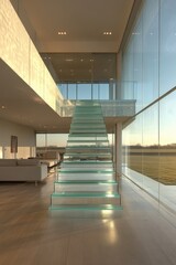 Modern Glass Staircase in Open-Plan Luxury Loft with Suburban View