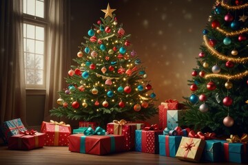 A beautifully decorated Christmas tree with presents underneath