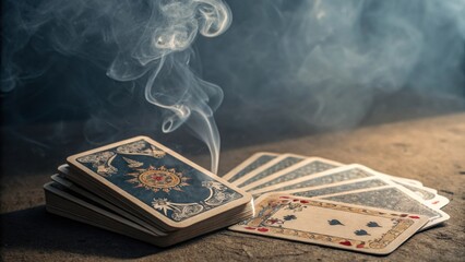 A delicate pile of tarot cards set against a backdrop of swirling incense smoke creating an aura of mystery and introspection.