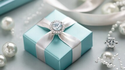 A mini gift box wrapped with a ribbon, placed next to a sparkling engagement ring, perfect for special occasions and celebrations.