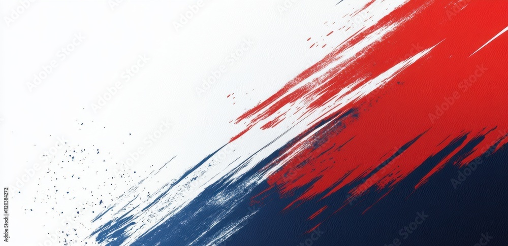 Poster red, white, and blue background presentation design with diagonal stripes shape in the bottom right 